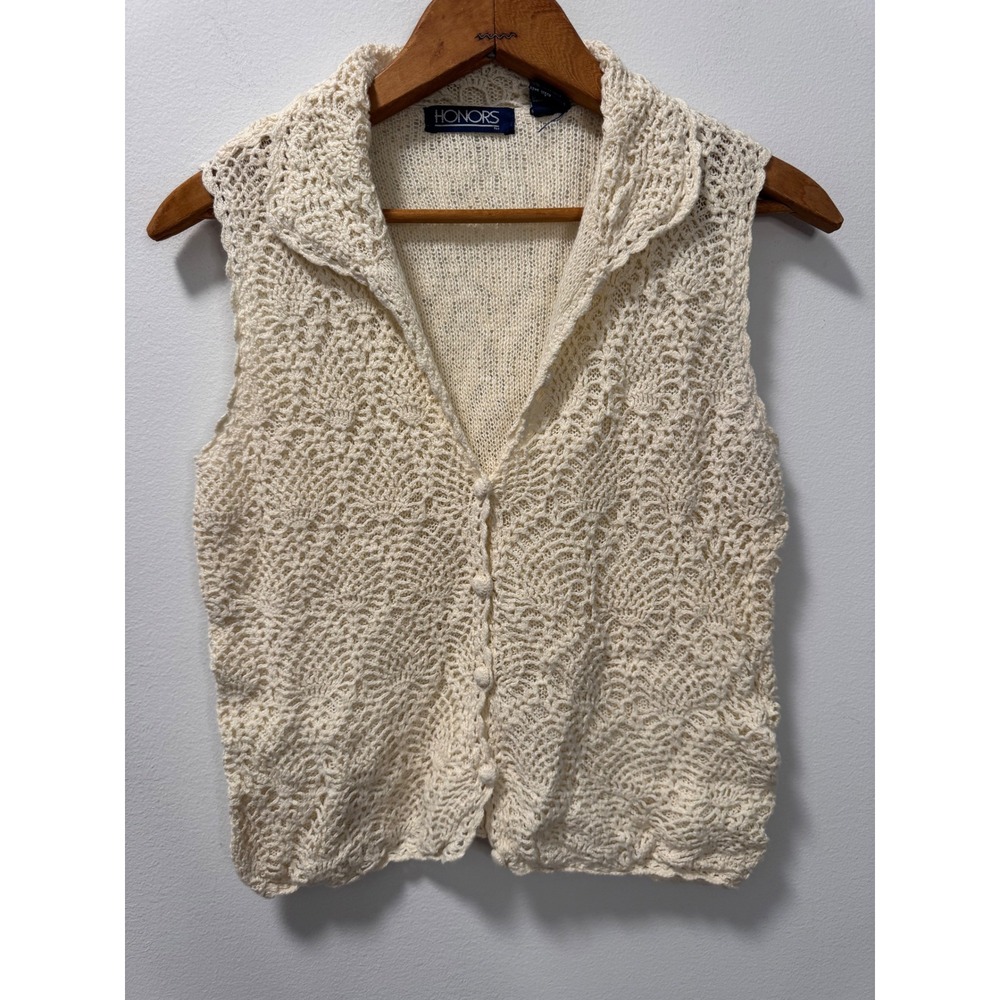 Vintage Honors Ivory Crochet Knit Sleeveless Cardigan Vest Grandmacore 90's S
